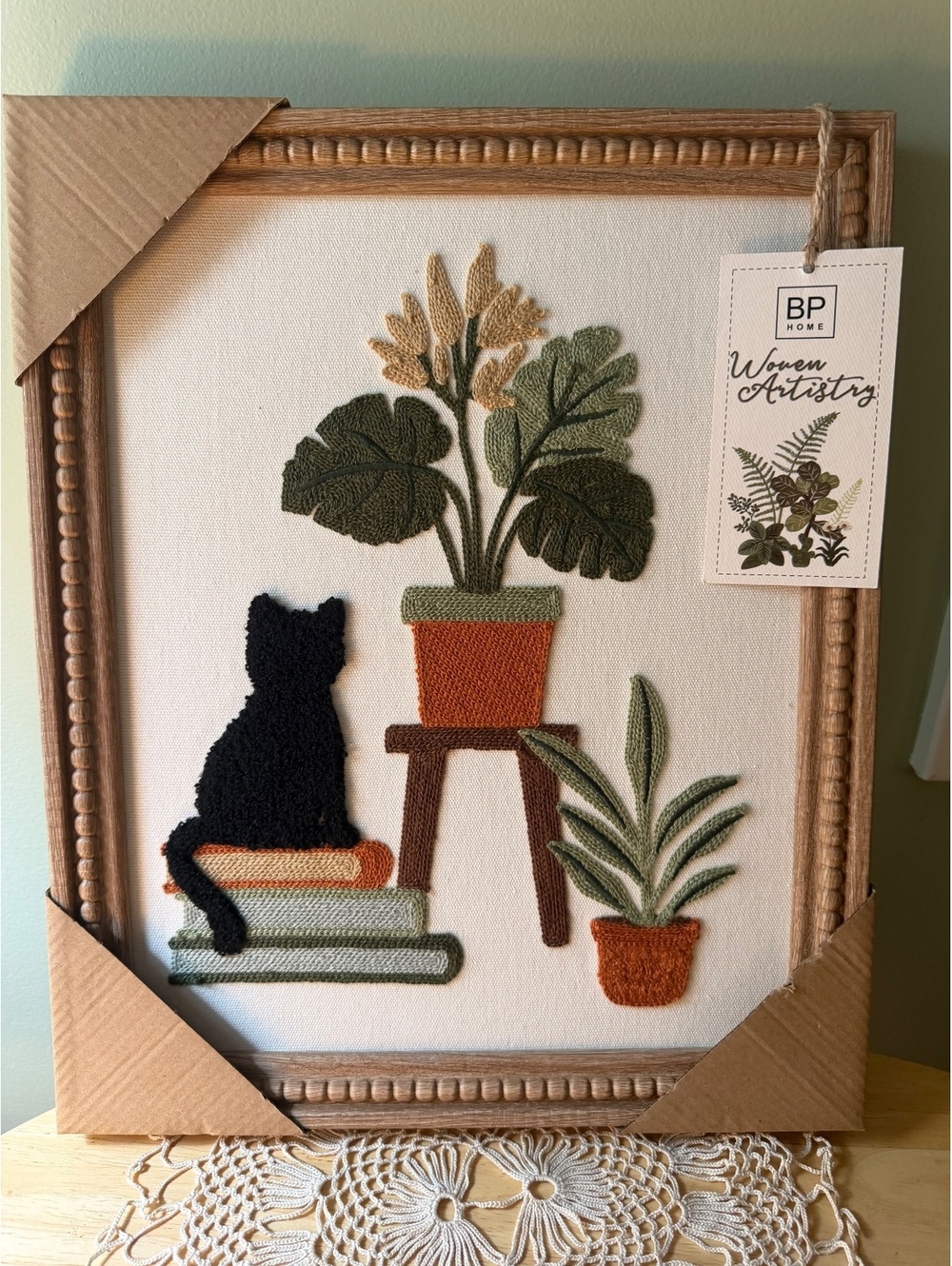 BP Home Woven Artistry Framed Wall Art with Cat and Plants Design